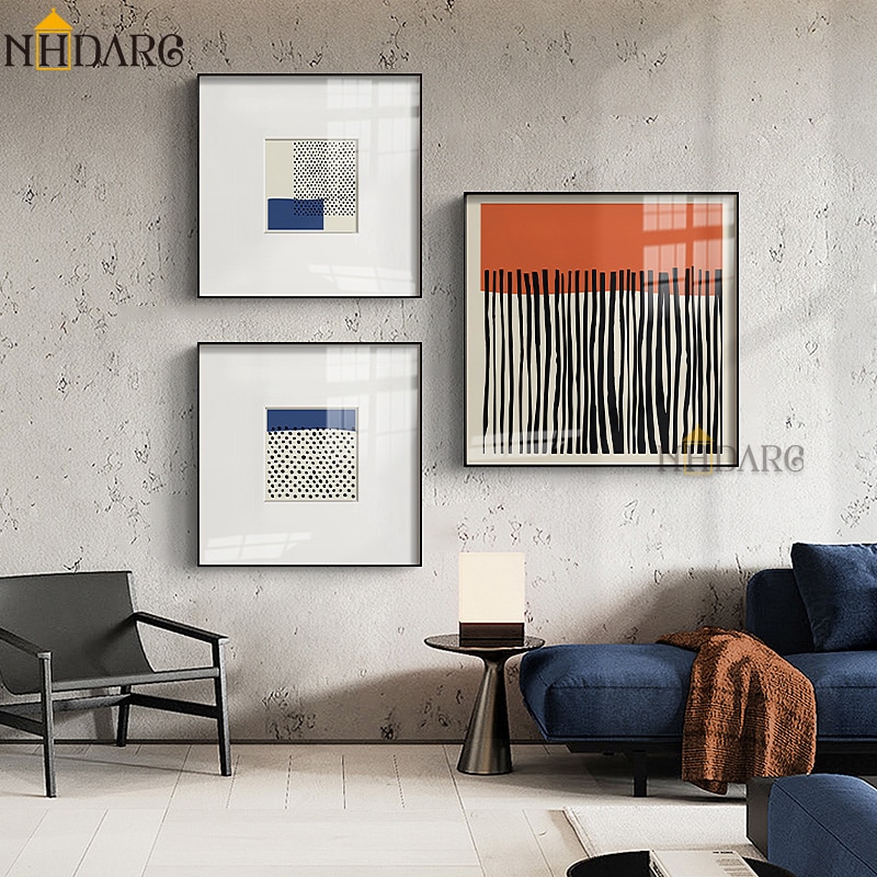 Modern Nordic Fashion Canvas Print Painting Poster Orange Blue Abstract Lines Block Wall Pictures Art Living