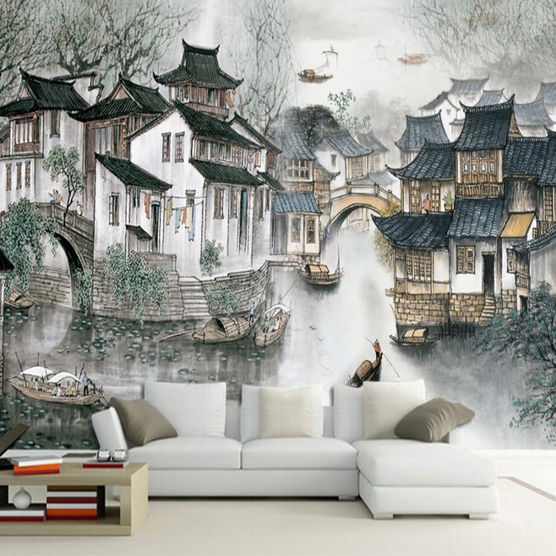 Custom Photo Wallpaper 3D Jiangnan Water Village Chinese Style Background Wall Art Mural Living Room Hotel