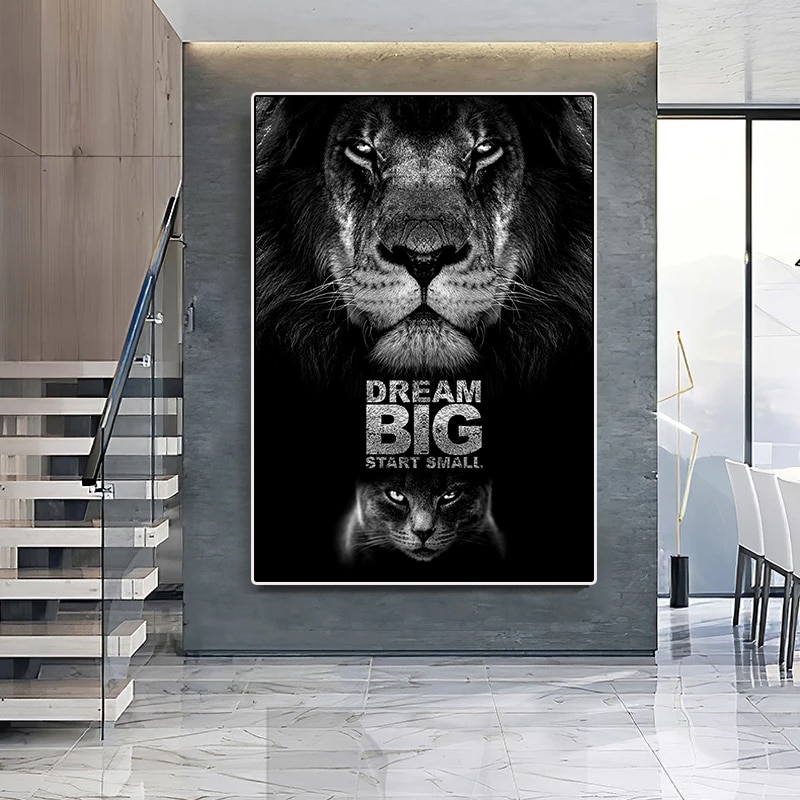 Black White Lion Dream Big Start Small Poster and Prints Motivational Quote Canvas Painting Wall Art