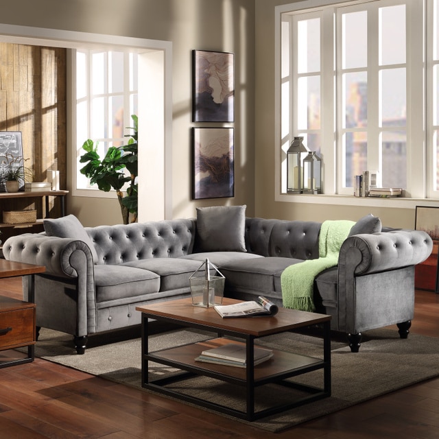 Chesterfield Sofa L Shaped Sectional Sofa Set Tufted Velvet Upholstered Rolled Arm Classic 5 Seater