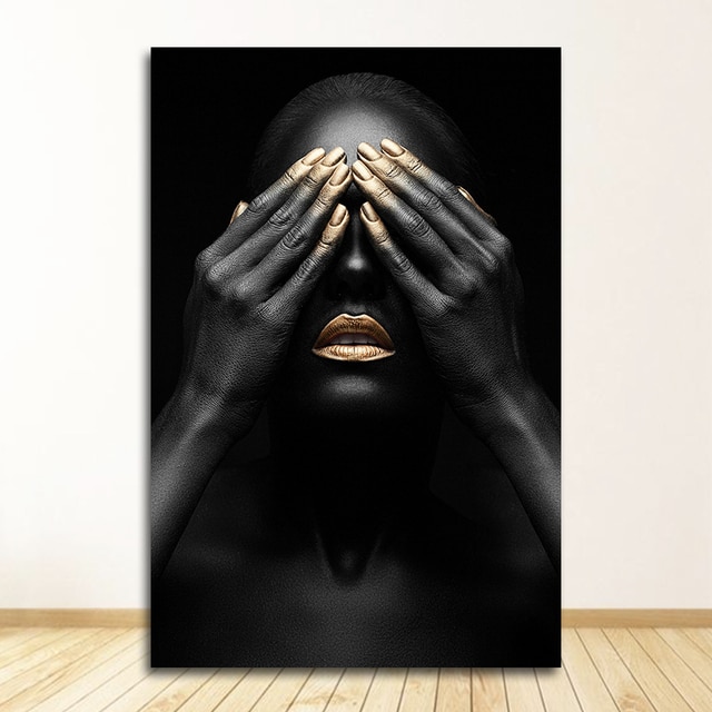 Black Hand and Gold Lip African Woman Oil Painting on Canvas Prints African Wall Art