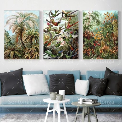 Biology Poster Palm Tree Print Retro Hummingbird Tropical Plant Art Set Canvas Painting Photograph Background Studio