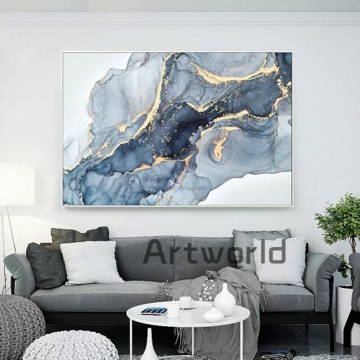 Blue Abstract Fluid Effect Canvas Painting Marble Texture Wall Art Print Picture for Living Room Home 1