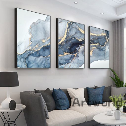 Blue Abstract Fluid Effect Canvas Painting Marble Texture Wall Art Print Picture for Living Room Home 3