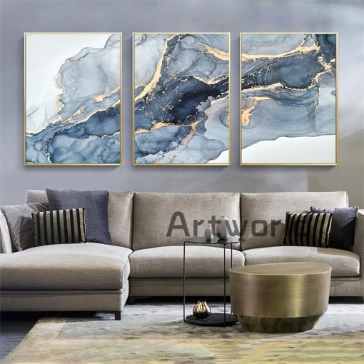 Blue Abstract Fluid Effect Canvas Painting Marble Texture Wall Art Print Picture for Living Room Home