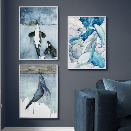 Blue Watercolor Marine Animals Posters Nordic Big Whale Ship Sea Canvas Painting and Prints Wall Art 1