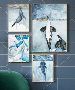 Blue Watercolor Marine Animals Posters Nordic Big Whale Ship Sea Canvas Painting and Prints Wall Art 2