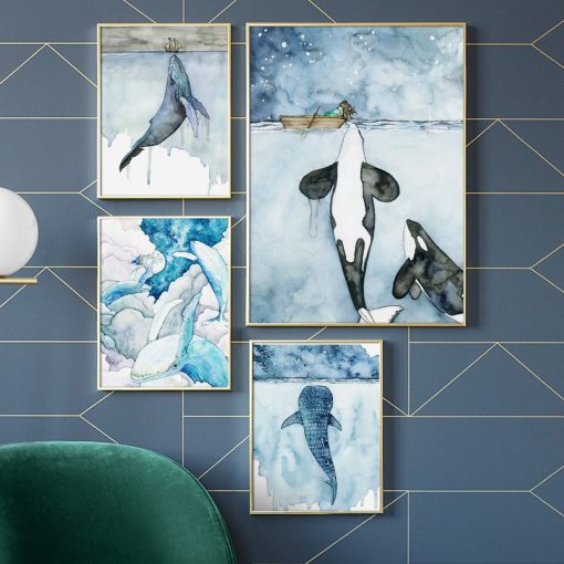 Blue Watercolor Marine Animals Posters Nordic Big Whale Ship Sea Canvas Painting and Prints Wall Art 2