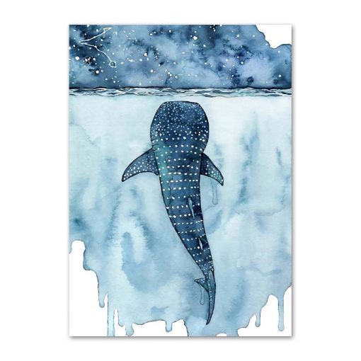 Blue Watercolor Marine Animals Posters Nordic Big Whale Ship Sea Canvas Painting and Prints Wall Art 5