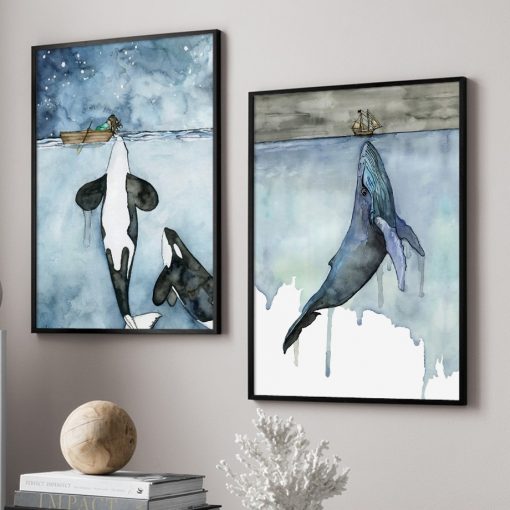 Blue Watercolor Marine Animals Posters Nordic Big Whale Ship Sea Canvas Painting and Prints Wall Art