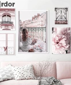 Fashion Pink Peony Eiffel Tower Wall Art Poster And Print Sexy Women Window Car Canvas Painting 2