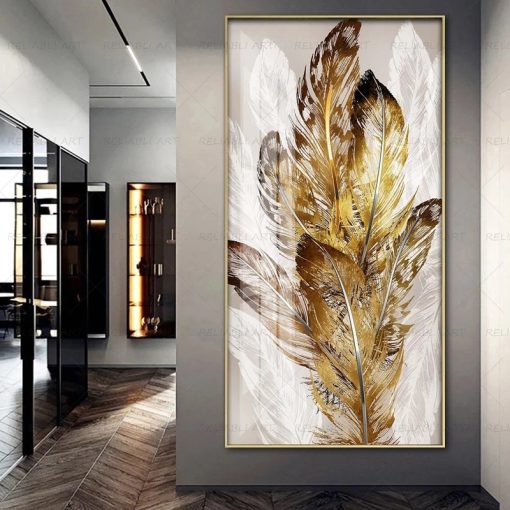 Golden Feather Posters Wall Art For Living Room Canvas Painting Abstract Pictures Entrance Home Decor Modern 1