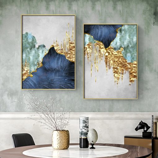 Nordic Blue golden foil lines Canvas Posters Print Modern Abstract Wall Art Painting Decoration Picture Living 1