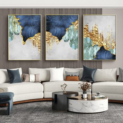 Nordic Blue golden foil lines Canvas Posters Print Modern Abstract Wall Art Painting Decoration Picture Living 2