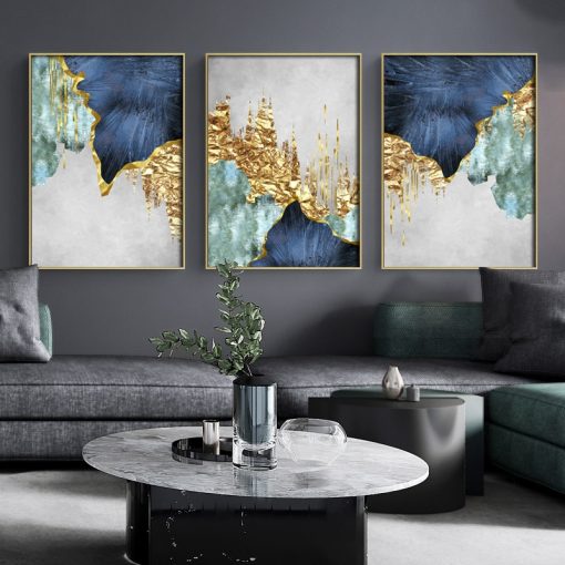 Nordic Blue golden foil lines Canvas Posters Print Modern Abstract Wall Art Painting Decoration Picture Living 4