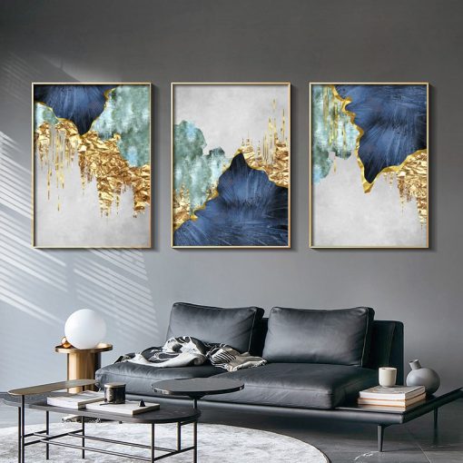 Nordic Blue golden foil lines Canvas Posters Print Modern Abstract Wall Art Painting Decoration Picture Living