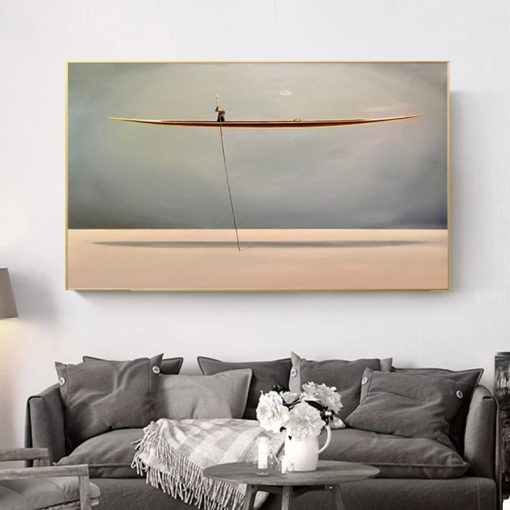 Sea Golden Boat Abstract Canvas Painting Nordic Vintage Posters and Prints Modern Wall Art Pictures for 3