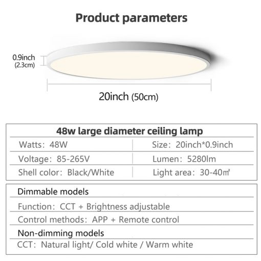 50CM Large Ceiling lamp Smart APP Remote Control Dimmable for Bedroom 48W Ceiling Lights AC 110 4