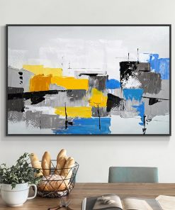Abstract Geometric Painting 100 Hand Painted Oil Painting On Canvas Modern Yellow Gray Blue Wall Art 1