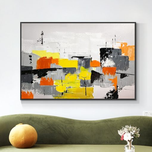 Abstract Geometric Painting 100 Hand Painted Oil Painting On Canvas Modern Yellow Gray Blue Wall Art 3