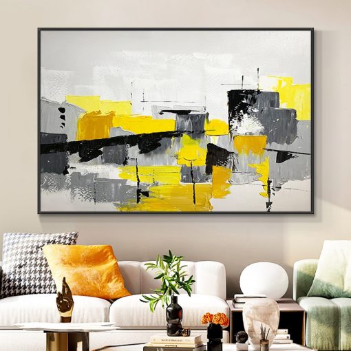 Abstract Geometric Painting 100 Hand Painted Oil Painting On Canvas Modern Yellow Gray Blue Wall Art