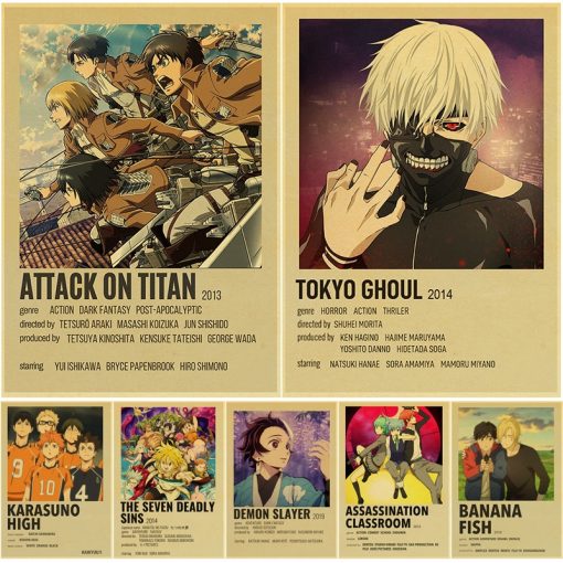 Anime Collection Retro Posters Kraft Paper Demon Slayer Death Note Tokyo Ghoul Attack on Titan DIY
