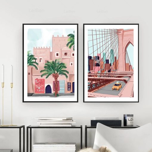 Anime Travel Cities Landscape Poster Morocco New York Scenery Wall Art Canvas Pictures for Living Room 1