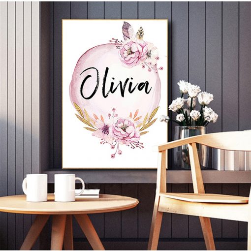 Art Nursery Prints Wall Painting Kids Bedroom Decor Custom Girl Name Baby Poster Peony Pictures Flowers 2