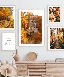 Autumn Forest Deer Pumpkin Maple Leaf Road Wall Art Canvas Painting Nordic Posters And Print Wall 2