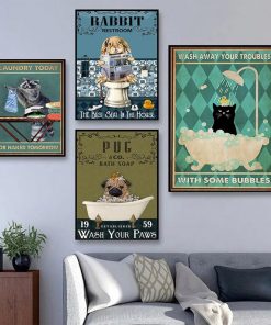 Cat Mermaid Pug Raccoon Panda Giraffe Bathtub Wall Art Print Canvas Painting Nordic Poster Wall Pictures 2