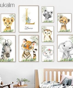 Custom Name Poster Golden Letter Canvas Painting Lion Elephant Zebra Posters Nursery Nordic Wall Art Picture 2