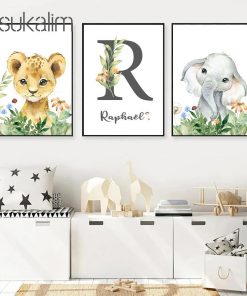 Custom Name Poster Golden Letter Canvas Painting Lion Elephant Zebra Posters Nursery Nordic Wall Art Picture 4