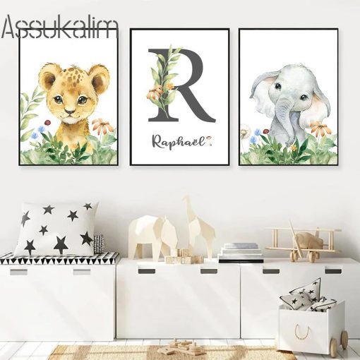 Custom Name Poster Golden Letter Canvas Painting Lion Elephant Zebra Posters Nursery Nordic Wall Art Picture 4