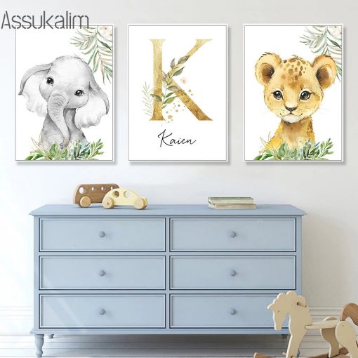 Custom Name Poster Golden Letter Canvas Painting Lion Elephant Zebra Posters Nursery Nordic Wall Art Picture