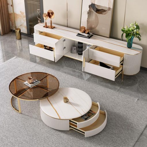 Italian Tempered Glass Round Coffee Table Combination Set Of Two Pieces Living Room Long Tv Cabinet 3
