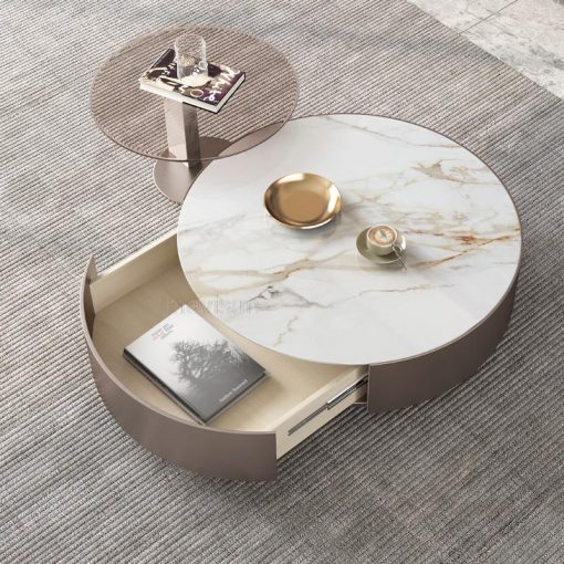 Light Luxury Round Rock Board Coffee Table Creative Nordic Modern Minimalist Small Apartment Coffee Table And 3