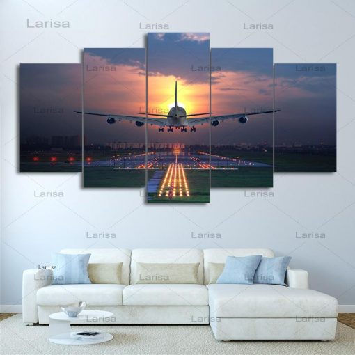 Modern 5 Pieces Airplane Poster Canvas Art Painting Sunset Backlight for pictures Lawn Wall Art Pictures 1