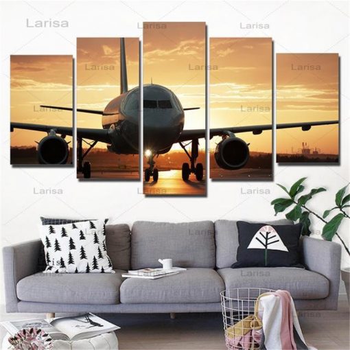 Modern 5 Pieces Airplane Poster Canvas Art Painting Sunset Backlight for pictures Lawn Wall Art Pictures 2