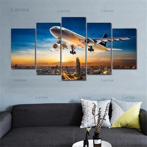 Modern 5 Pieces Airplane Poster Canvas Art Painting Sunset Backlight for pictures Lawn Wall Art Pictures 3