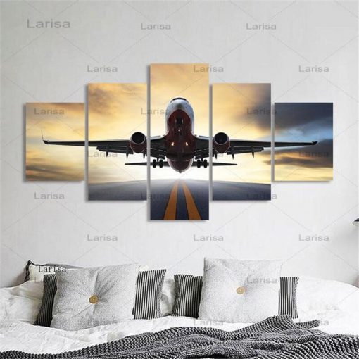 Modern 5 Pieces Airplane Poster Canvas Art Painting Sunset Backlight for pictures Lawn Wall Art Pictures 4