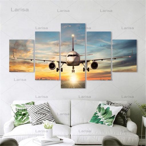 Modern 5 Pieces Airplane Poster Canvas Art Painting Sunset Backlight for pictures Lawn Wall Art Pictures 5