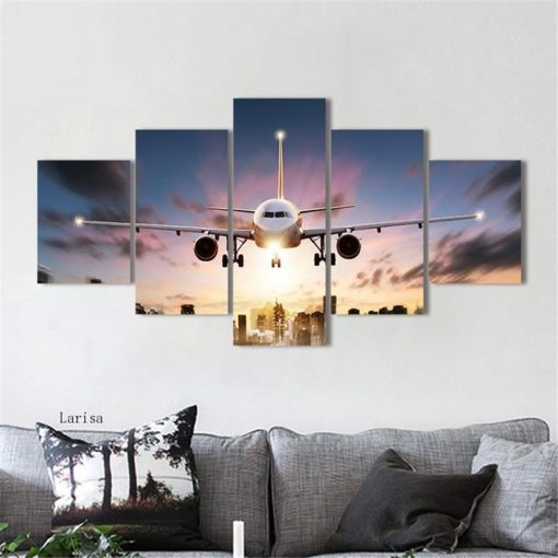 Modern 5 Pieces Airplane Poster Canvas Art Painting Sunset Backlight for pictures Lawn Wall Art Pictures