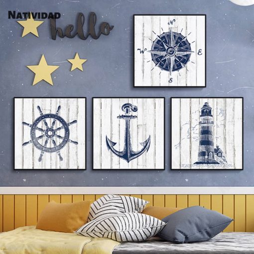 Nautical Chart Painting Lighthouse Canvas Painting Navy Picture Anchor Compass Poster Mediterranean Boy Room Home Decor 2