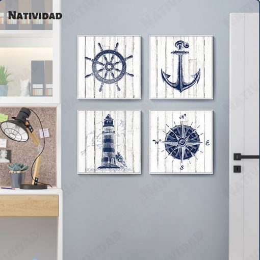 Nautical Chart Painting Lighthouse Canvas Painting Navy Picture Anchor Compass Poster Mediterranean Boy Room Home Decor 3