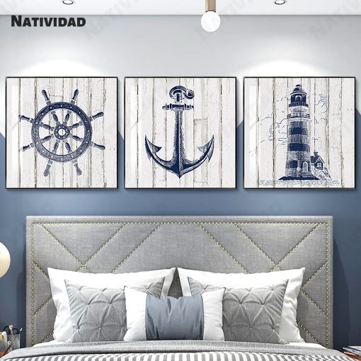 Nautical Chart Painting Lighthouse Canvas Painting Navy Picture Anchor Compass Poster Mediterranean Boy Room Home Decor 4