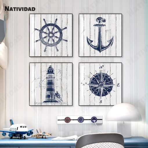 Nautical Chart Painting Lighthouse Canvas Painting Navy Picture Anchor Compass Poster Mediterranean Boy Room Home Decor