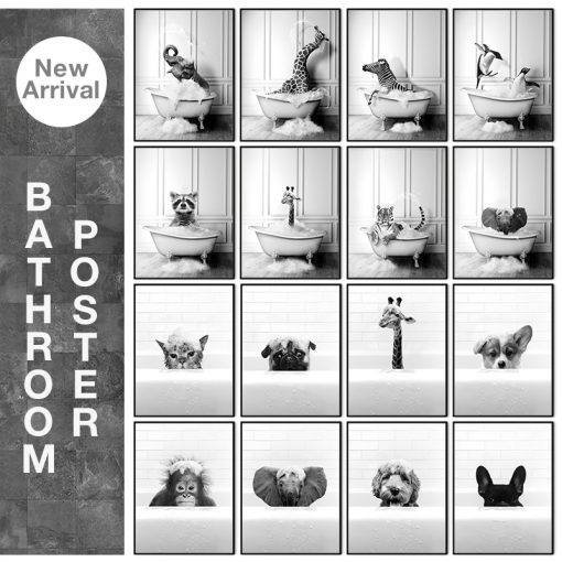New Arrival Black White Animals In Tub Bathroom Wall Art Canvas Painting Posters and Prints Wall
