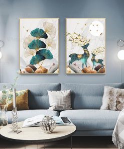 Nordic Abstract Landscape Deer Decor Wall Poster Gold Elk Leaf Canvas Interior Paintings On The Wall 3