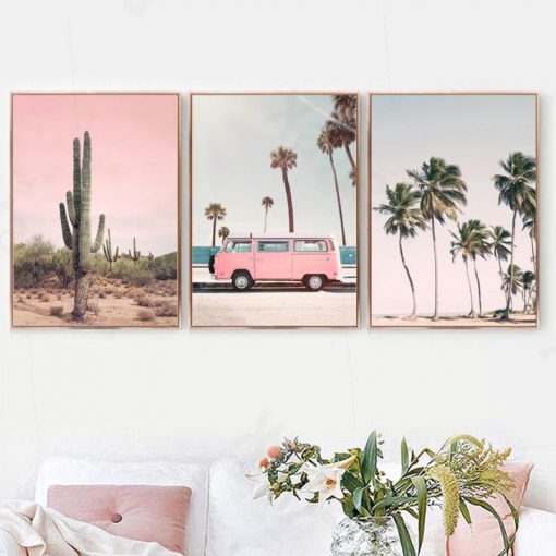 Pink Bus Cactus Pineapple Blue Sea Beach Wall Art Canvas Painting Nordic Posters And Prints Wall 1