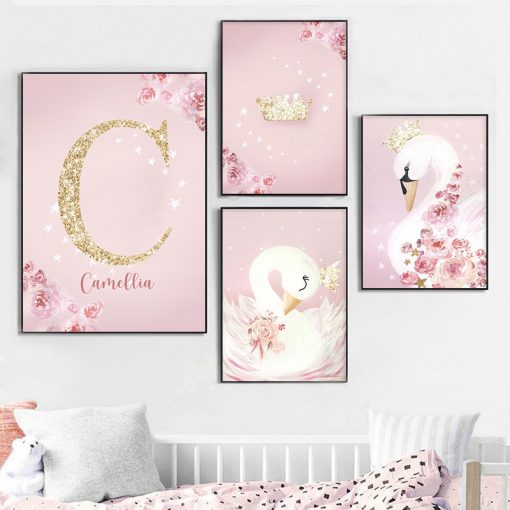 Pink Kawaii Room Decor Swan Nursery Wall Art Canvas Painting Name Personalized Letter Wall Posters and 1